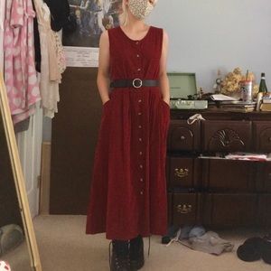 Red corduroy button up maxi dress